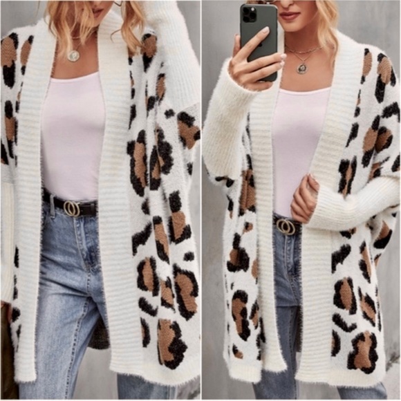 NEW Cozy Leopard Print Fuzzy Open Front Knit Cardigan - Picture 11 of 13